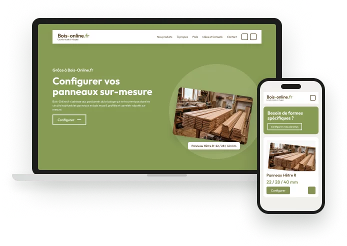 Aperçu de la boutique bois-online.fr sur un ordinateur portable et un téléphone