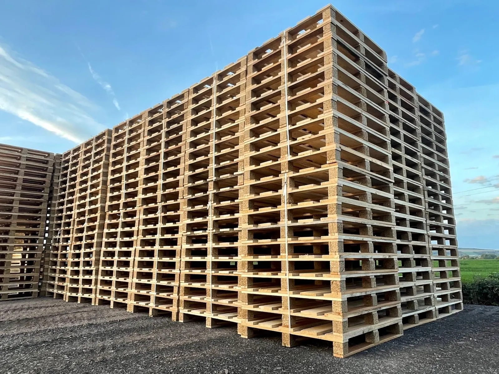 Hautes piles de palettes neuves stockées à l'extérieur
