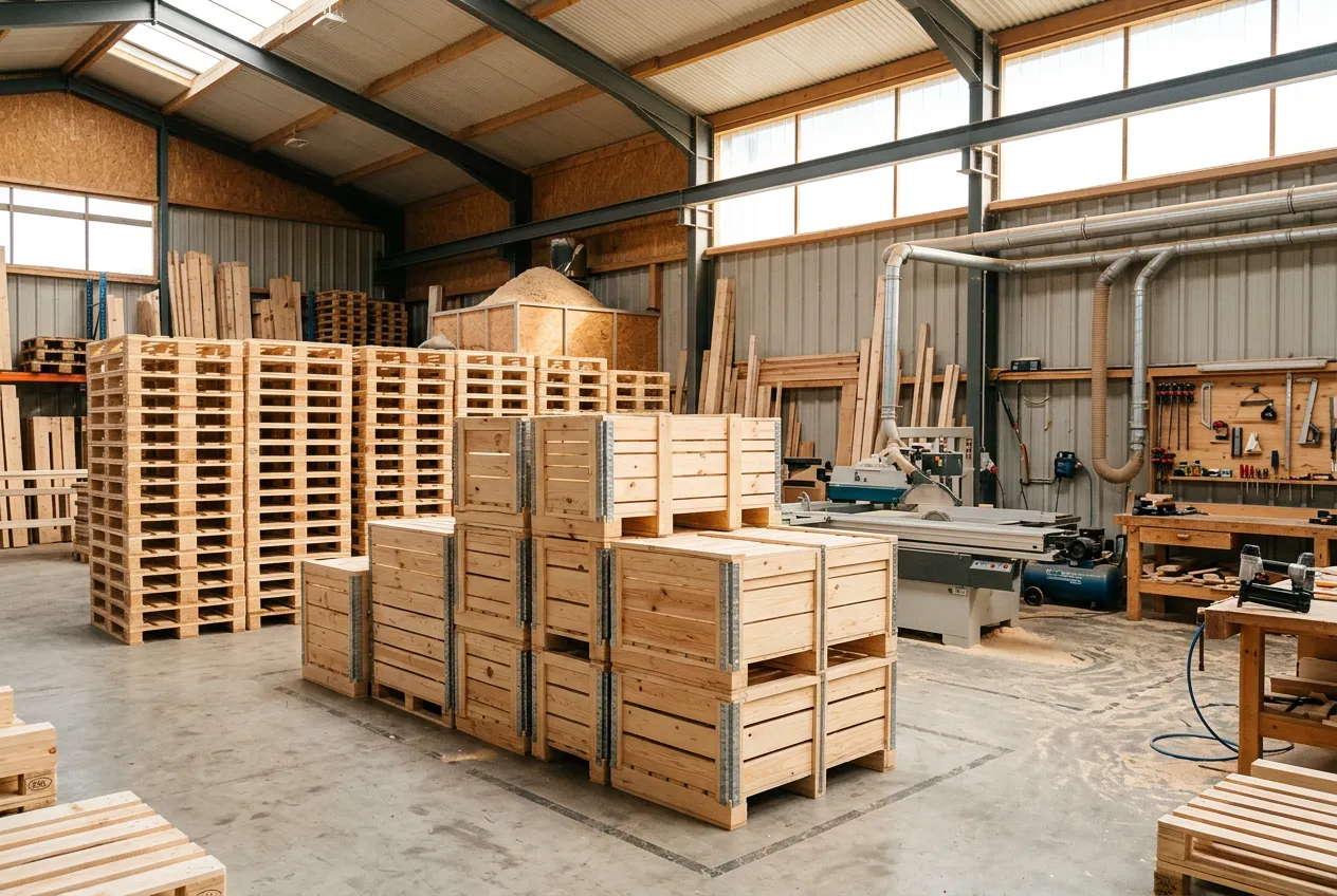 Atelier de Janès Timber : palettes et caisses en bois devant les machines de menuiserie