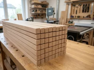 Carrelets de hêtre rabotés empilés sur un établi de menuiserie