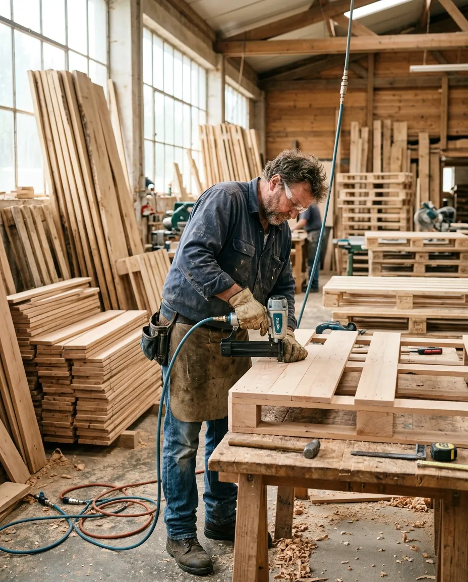 Opérateur assemblant une palette en bois dans l'atelier de Janès Timber