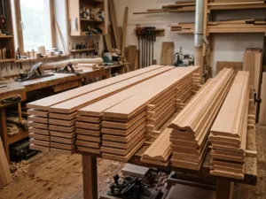 Planches et profilés de hêtre rabotés sur un établi de menuiserie