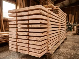 Pile de planches de hêtre séchées sur liteaux dans la scierie