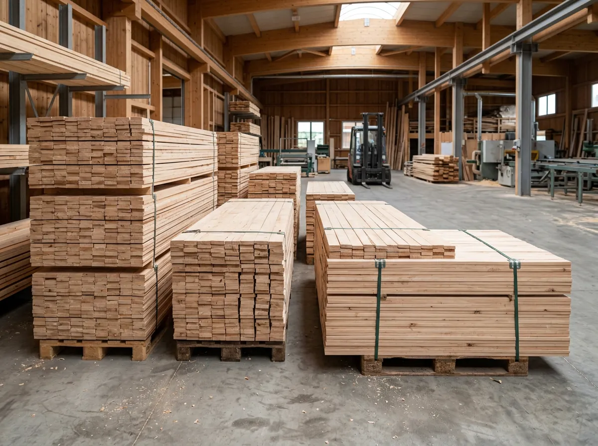 Piles de bois d'emballage cerclées dans l'entrepôt de Janès Timber